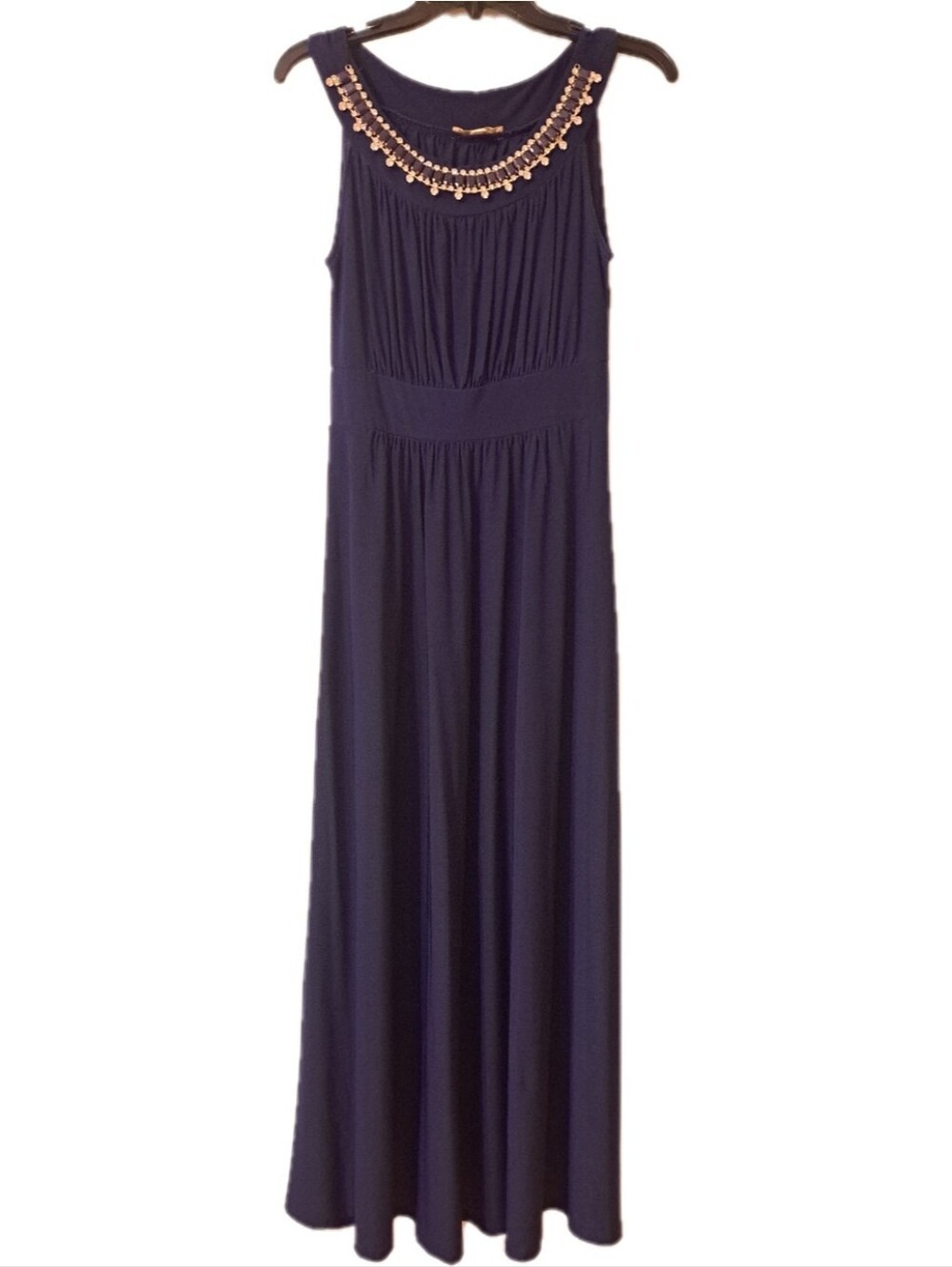 Sandiva Size S Navy Formal Maxi Dress With Jewel Studded Neckline
